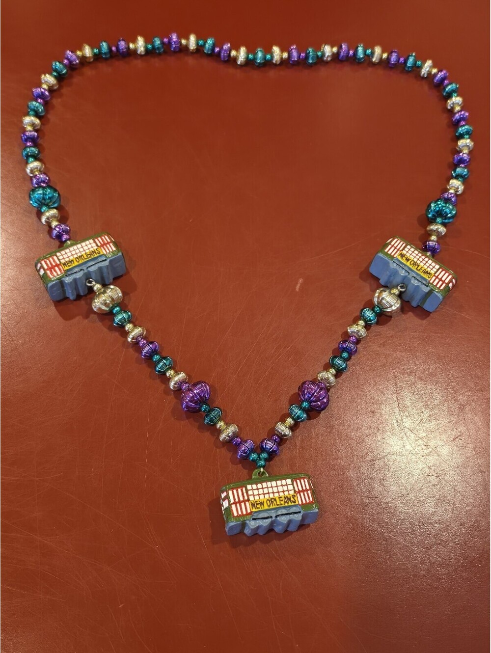 Vintage Mardi Grass Necklace with Train Shuttle "New Orleans" Purple Gold Green